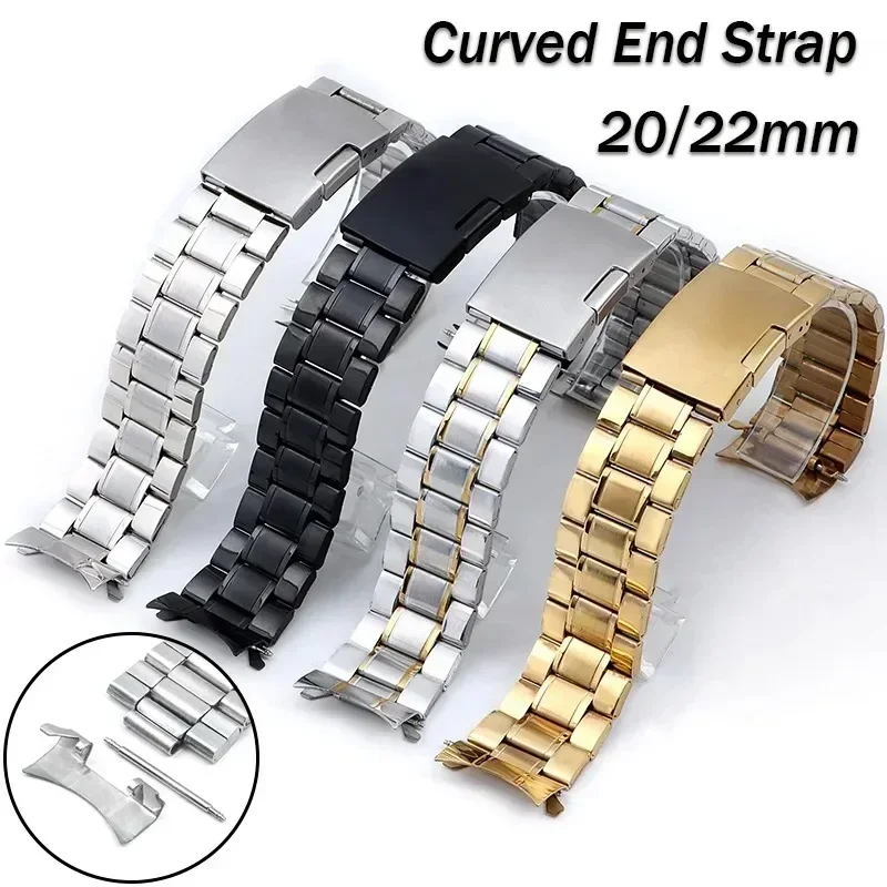 Universal Replacement Wristband Curved End Stainless Steel Watch Straps Men Women Metal Watchband Folding Buckle Sport Bracelets