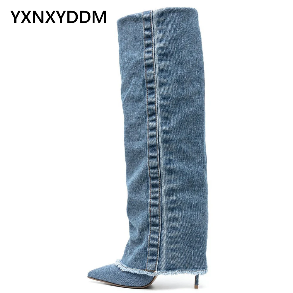 

2023 New Winter Denim Over the Knee Boots for Women Pointed Toe Stilettos High Heel Long Boot Ladies Large Size Cowboy Boots