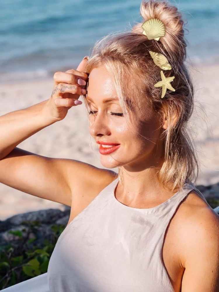 3 pièces, nouvelle mode, Europe et Amérique, étoile de mer dorée, coquillage, pince à cheveux en bec de canard pour femmes, accessoires de cheveux élastiques, couvre-chef