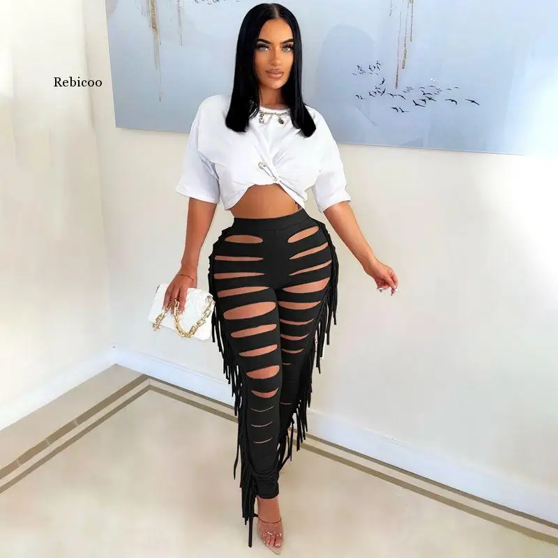 

Sexy Pants Fall Women Clothing Fashion Solid Burnt Tassel Bottoms Nightclub Club Outfits Clothes Streetwear Wholesale