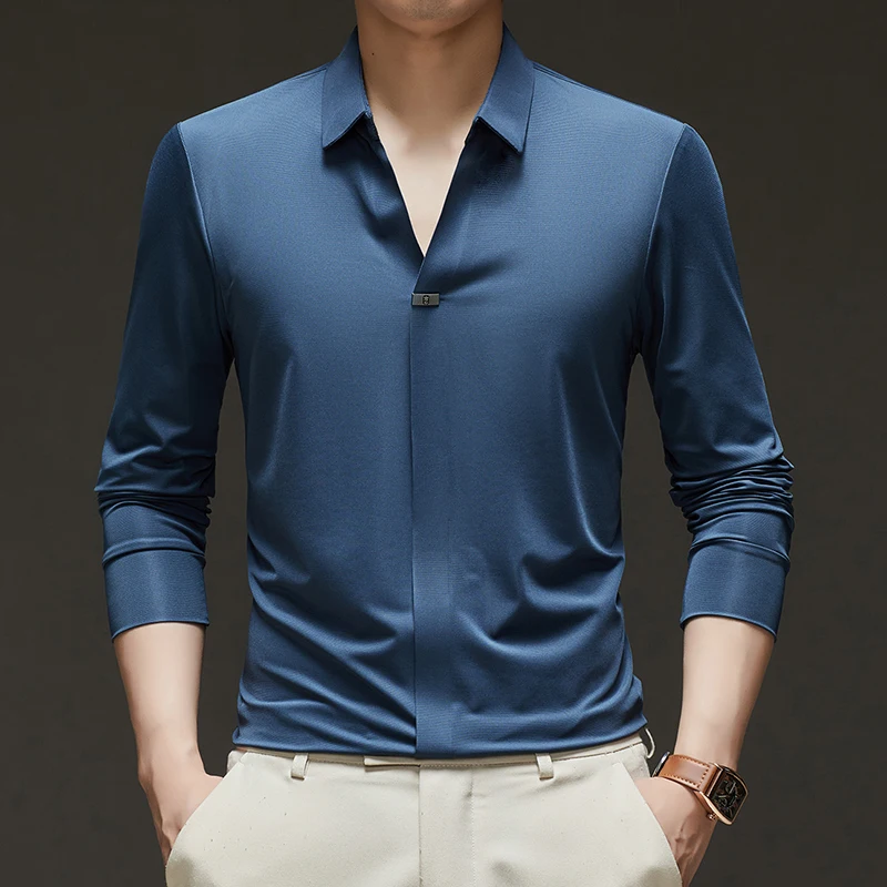 الفاخرة جودة الرجال قميص بولو برقبة على شكل v ربيع الخريف جديد طويل الأكمام الأعمال بسيطة لا أثر تنوعا التلبيب تي شيرت ملابس رجالي #2