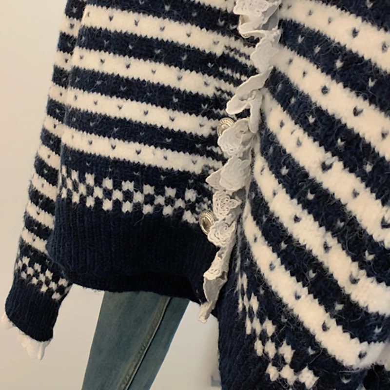 المرأة أناقة مخطط سترة الحلو نمط الدانتيل الديكور رفض طوق سترة الترفيه واحدة الصدر محبوك القمم #4