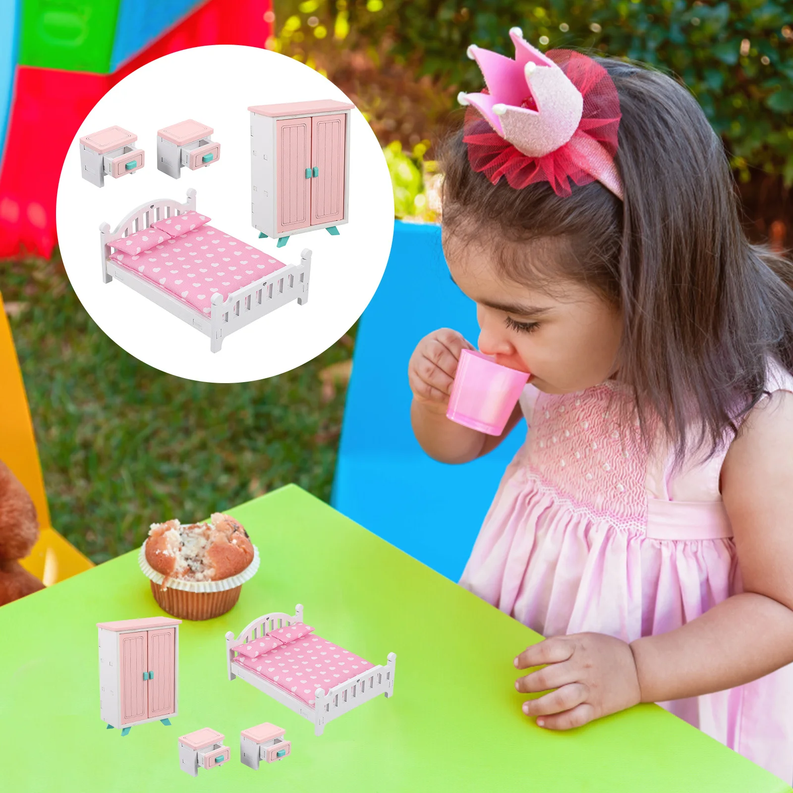 

1Set Miniature Furniture Set Bedroom Accessories Safe Natural Materials Pretend Play Toddler Kids Role Play Collection