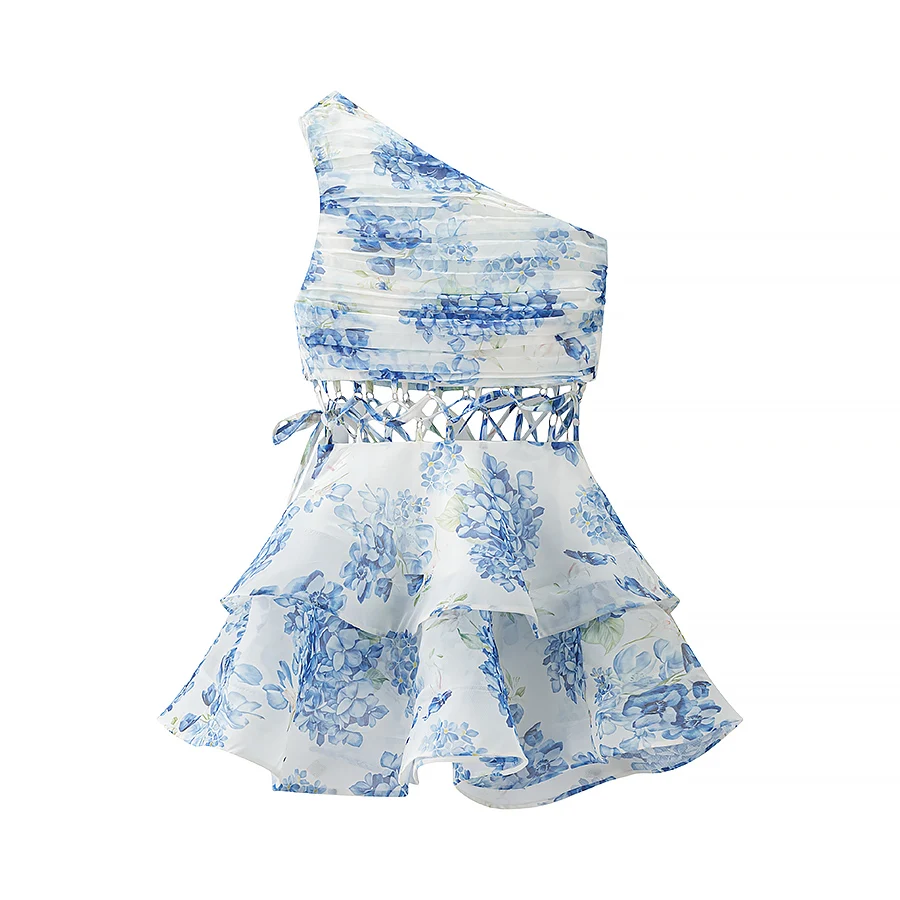 セクシーな青と白の花柄プリントミニワンショルダードレス、女性用クロスレースアップ包帯ボウホローアウトウエストスイングノースリーブドレス