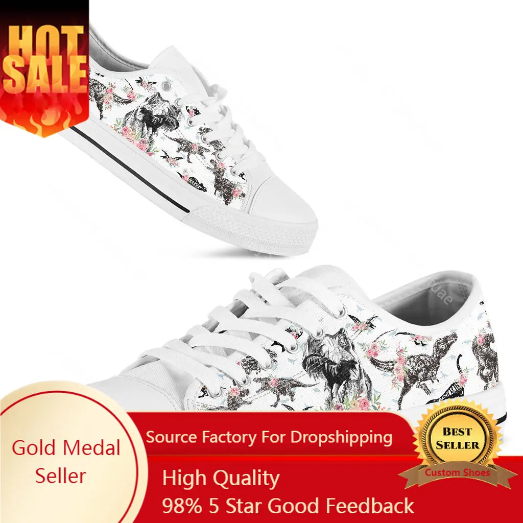 Sketch Dinasour T-rex Floral Summer Women Sneakers White Canvas Shoes Fashion Vulcanize Flats Ladies Female Sports Shoes