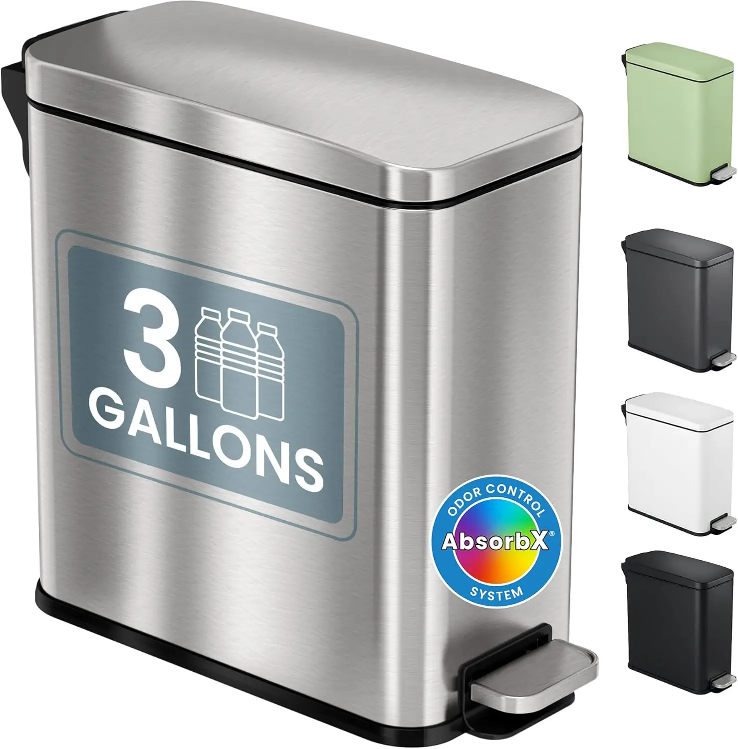 

3 Gallon Slim Stainless Steel Trash Can with Lid, Odor Filter, Soft-Step Pedal for Bathroom & RV