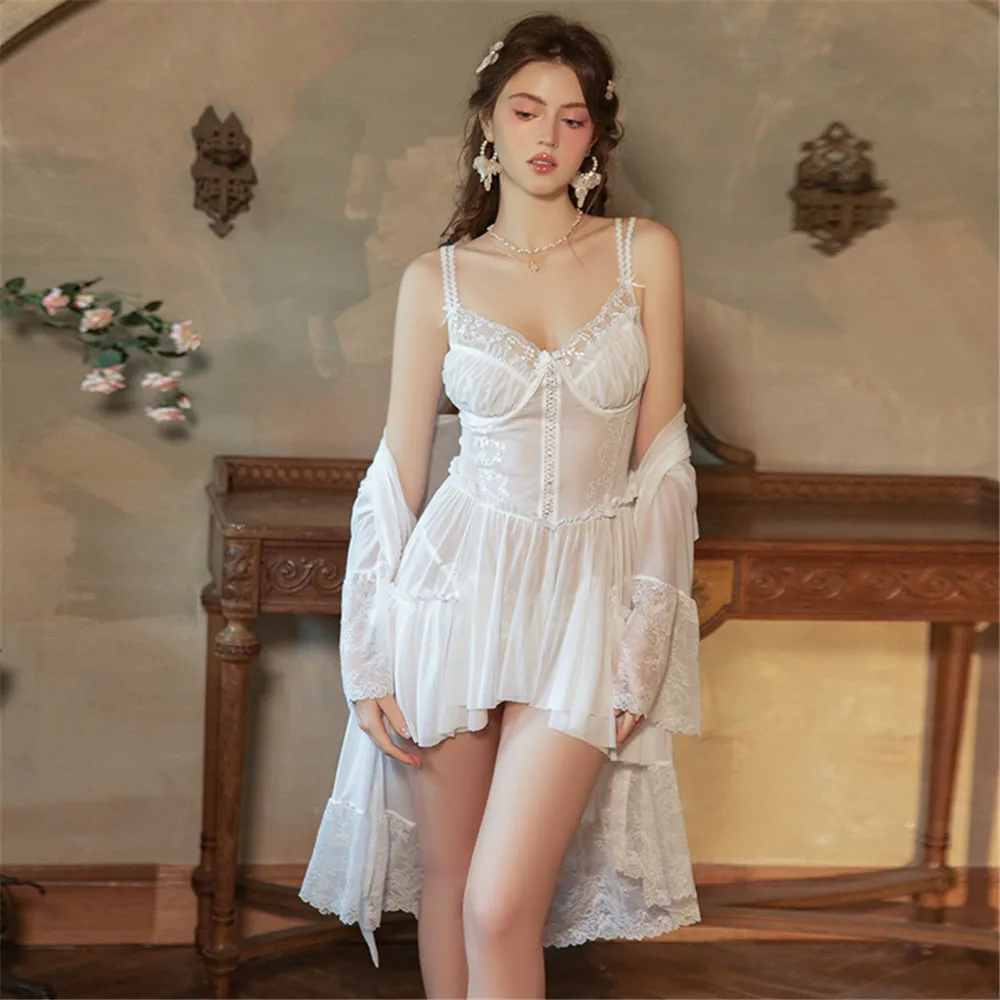 

Женский сетчатый халат из 2 предметов, ночная рубашка, комплект одежды для сна, ночная рубашка с открытой спиной и подтяжками, сексуальное перспективное домашнее платье, одежда для дома