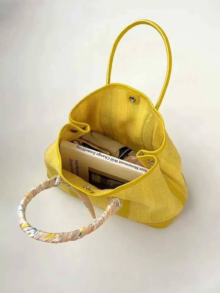 Yellow Linen Large Capacity Canvas Tote Bag Women's Style 2026 New High-End Handbag Commuter Bag Shoulder Bag Handbag