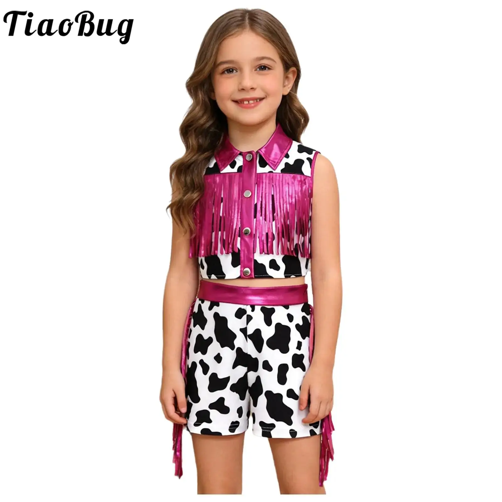 

Girls Cow Print Western Cowgirl Costumes Halloween Carnival Outfit Metallic Sleeveless Fringed Top with Side Tassel Shorts Set