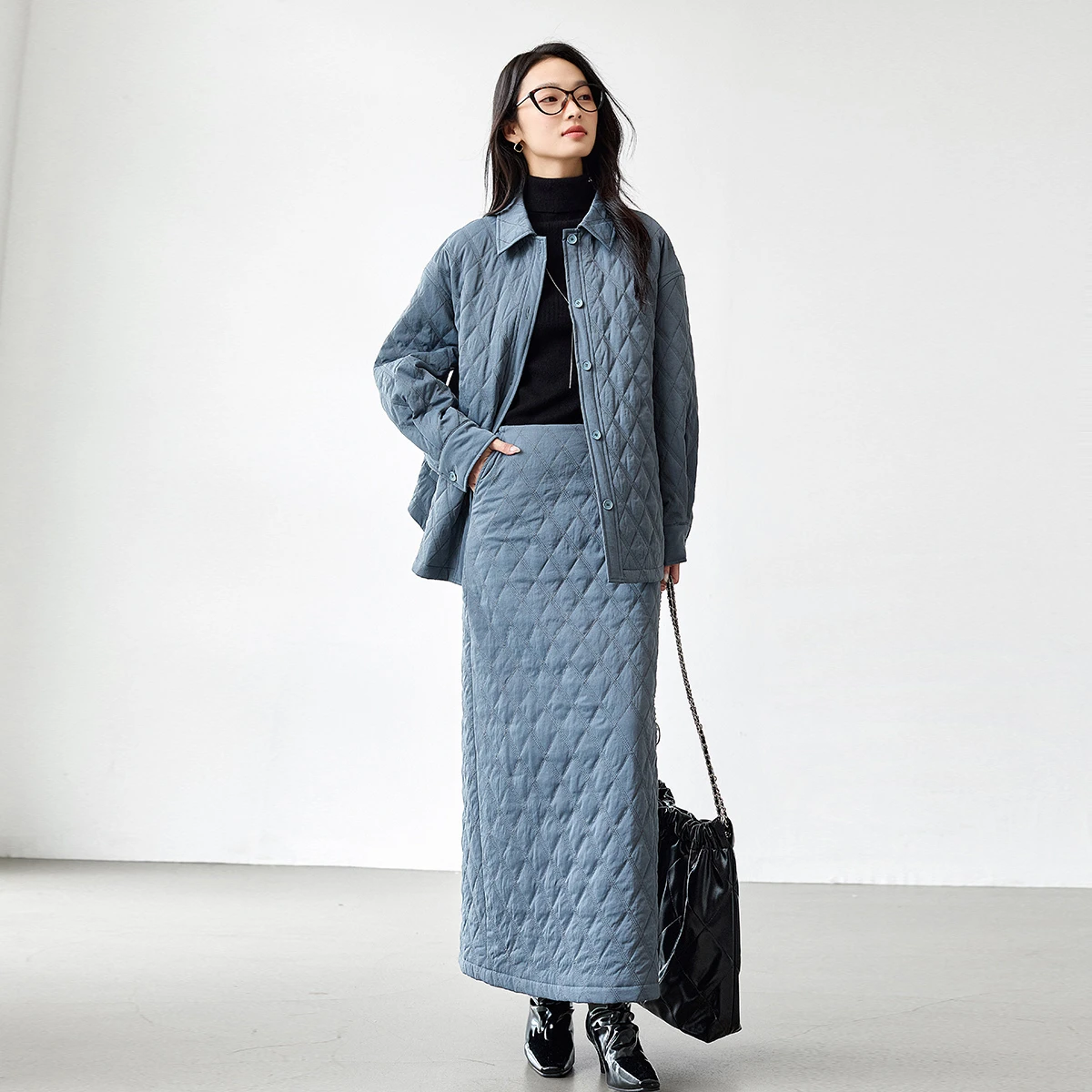 

VIMLY Winter Woman Skirt Set 2025 Casual Quilted Padded Outfit Lapel Neck Jacket Midi Skirt Elegant Woman Work Skirt Suits M9538