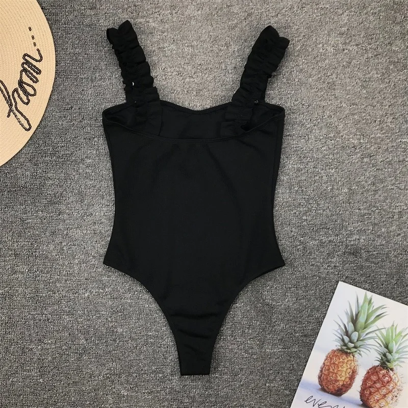 2023 Vintage Swimsuit Women One Piece Ruffle Strap Swimwear Female Push Up Monokini Padded Beach Bathing Suits Black Bodysuits