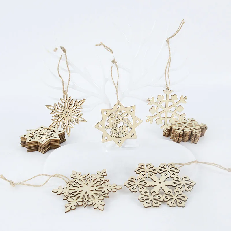 10pcs Wooden Snowflake Chips DIY Christmas Tree Decoration Hanging Pendants Xmas Navidad Natal Home Ornament 2024 New Year Gifts