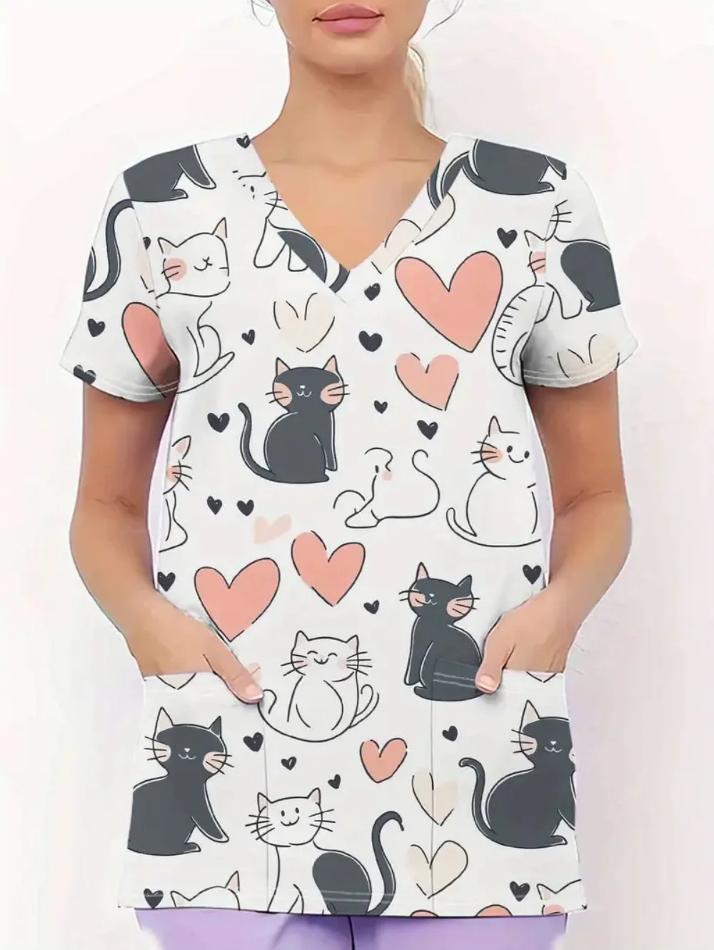 

Women's Medical Uniforms Cute Cat Pattern Short Sleeve Top Summer Fashion V-Neck with Pockets Veterinary Surgical Uniforms Woman