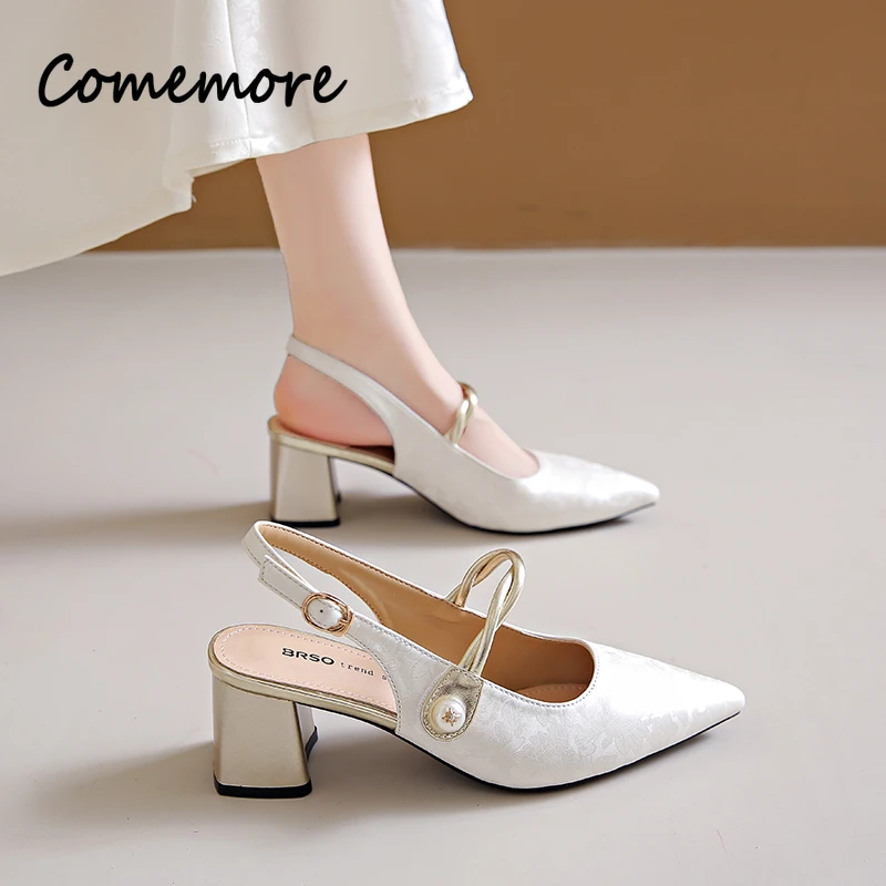 High Heels Baotou Sandals Female Summer 2024 New Square Head Back Trip Pearl Sexy Fairy Wind Chunky Heel Single Shoes