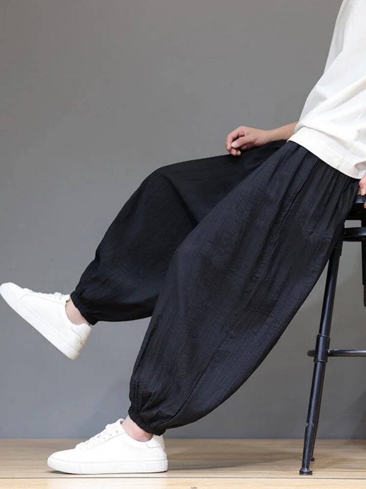 

Новые китайские летние тонкие брюки из ледяного шелка свободного кроя для мужчин, большие размеры, повседневные брюки-харланы с отворотами, свободный крой