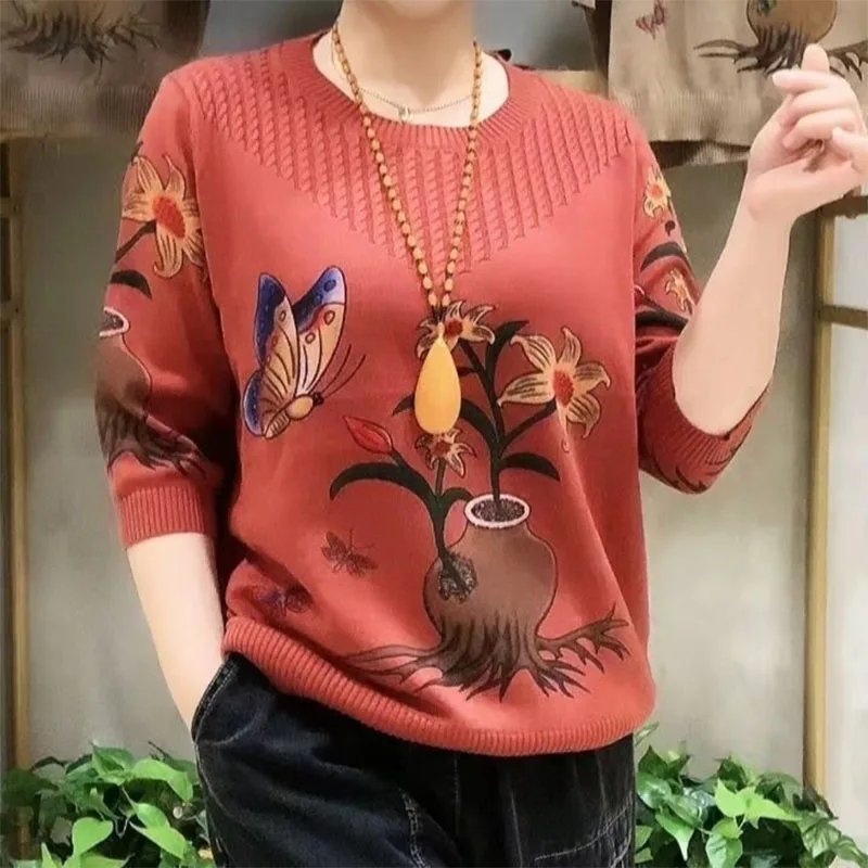 Autumn New Korean Simple Commuting Versatile Round Neck Pullover Sweater Women\'s Print Butterfly Middle Sleeve Loose Knitted Top