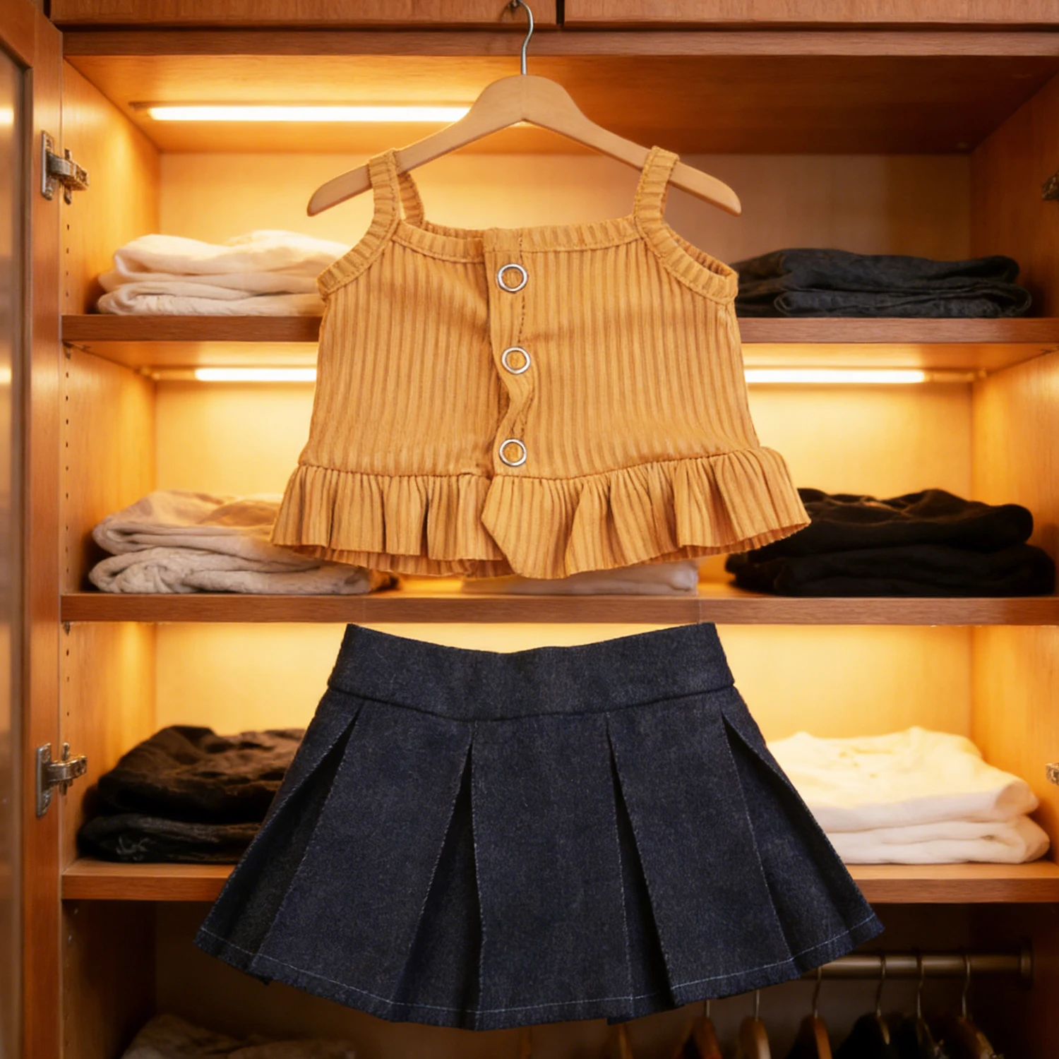 Camiseta camisola marrón + falda vaquera, conjunto de ropa para bebé recién nacido americano de 18 pulgadas y 43cm, Og, Rusia, accesorios de juguete para muñecas DIY