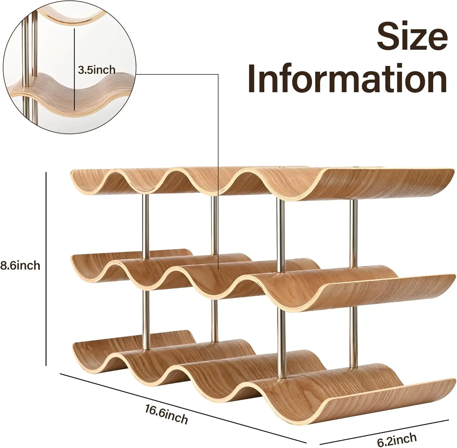 12-Bottle Wooden Wine Rack with Wavy Design for Kitchen or Bar Storage