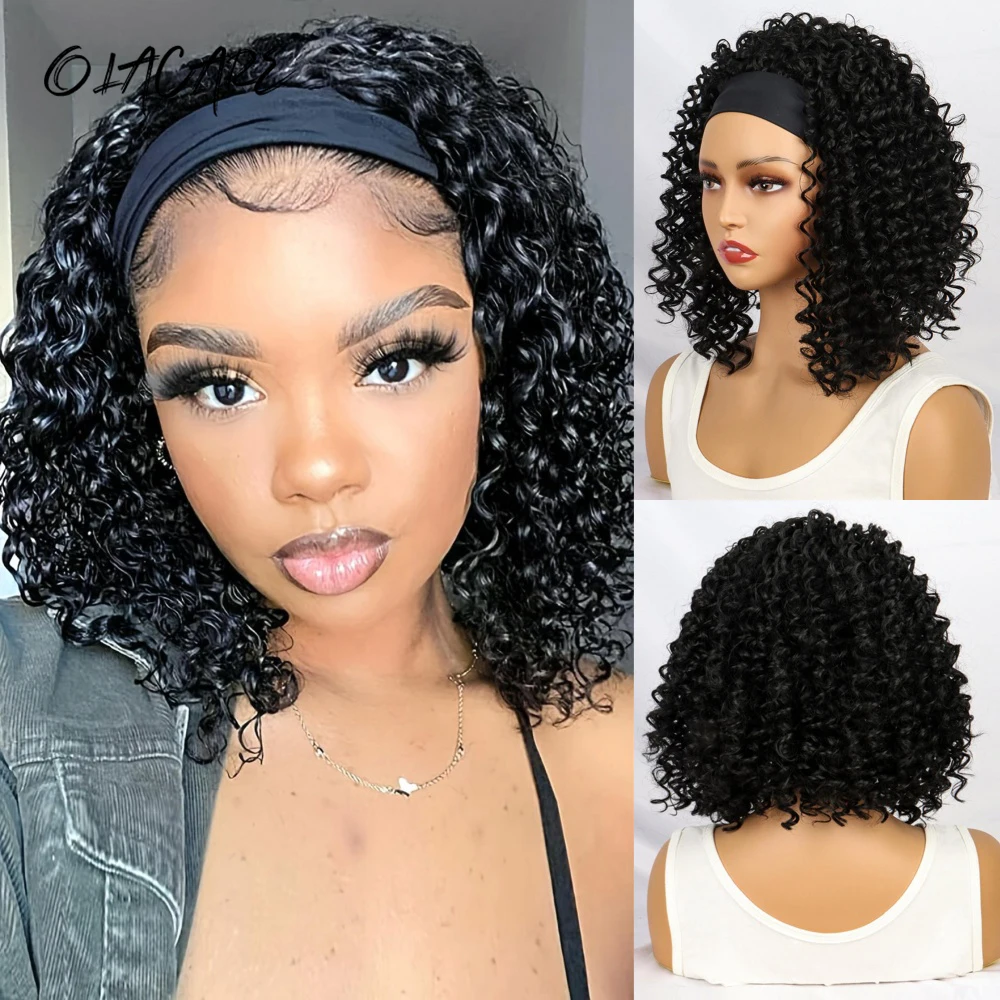 OLACARE Straight Headband Synthetic Natural Kinky Curly Black Wigs for Black Women Daily Party Use Heat Resistant Fake Hairs
