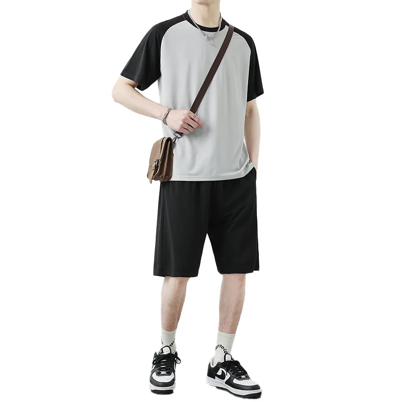 Fashion O-Neck Spliced Loose All-match Short Sleeve Men\'s Sets 2024 Summer New Oversized Elastic High Waist Shorts Casual Sets