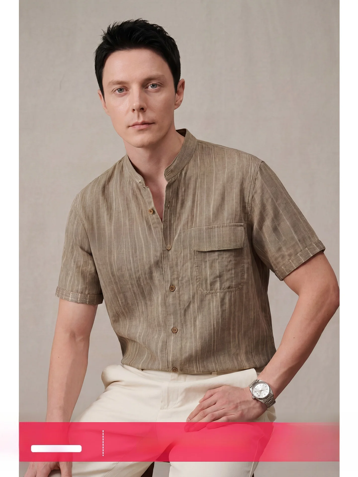 

New Chinese Style Men's Short Sleeve Shirt Stand Collar Linen Blend Casual Fashion Summer Shirt Button up Short Length Striped