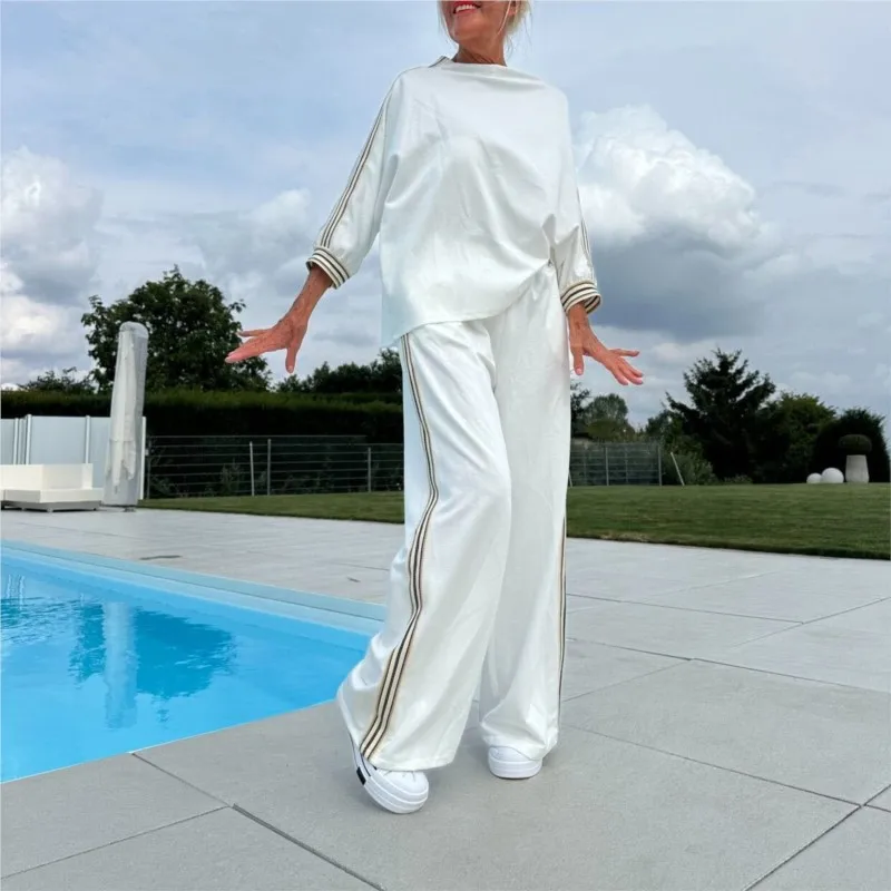 Traje deportivo de béisbol holgado informal para mujer, Tops y pantalones con estampado a rayas, conjuntos de dos piezas, trajes de pantalones registradores de otoño