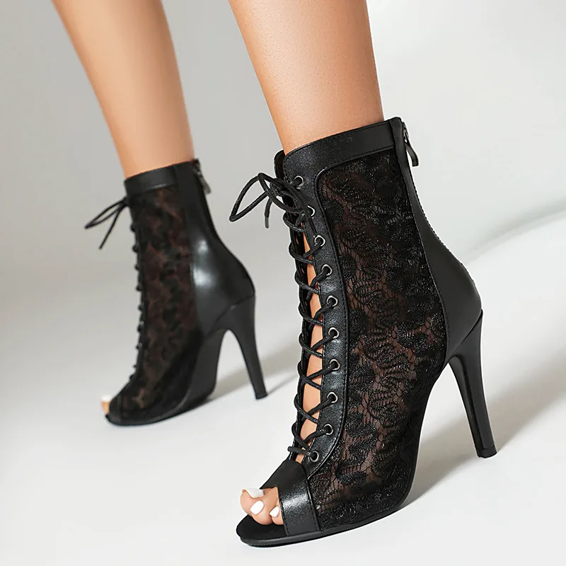 Mesh Ankle Boots Women Stiletto Heel Hollow Out Cool Boots Flower Print Lace Up High Heels Peep Toe Jazz Shoes Sandals Big Size view 3