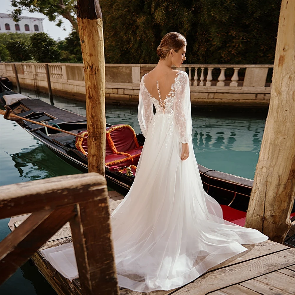 Elegantes vestidos de noiva sem alças com renda para mulheres, vestidos de noiva de manga cheia inchados, tule macio, verão, novo, 2024