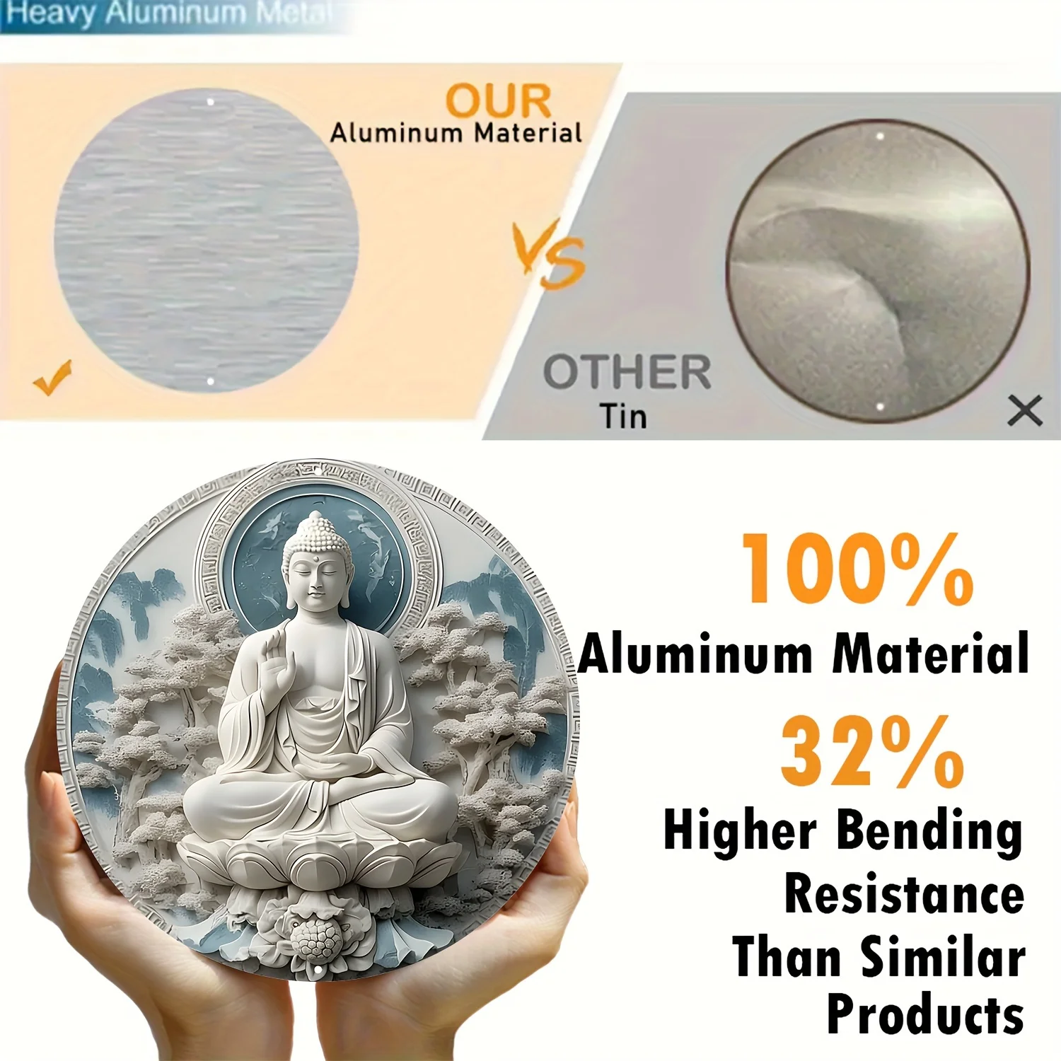Aluminum Buddha Wall Art Decor, 8-Inch Round Waterproof Metal Poster, 3D High-Definition Printing
