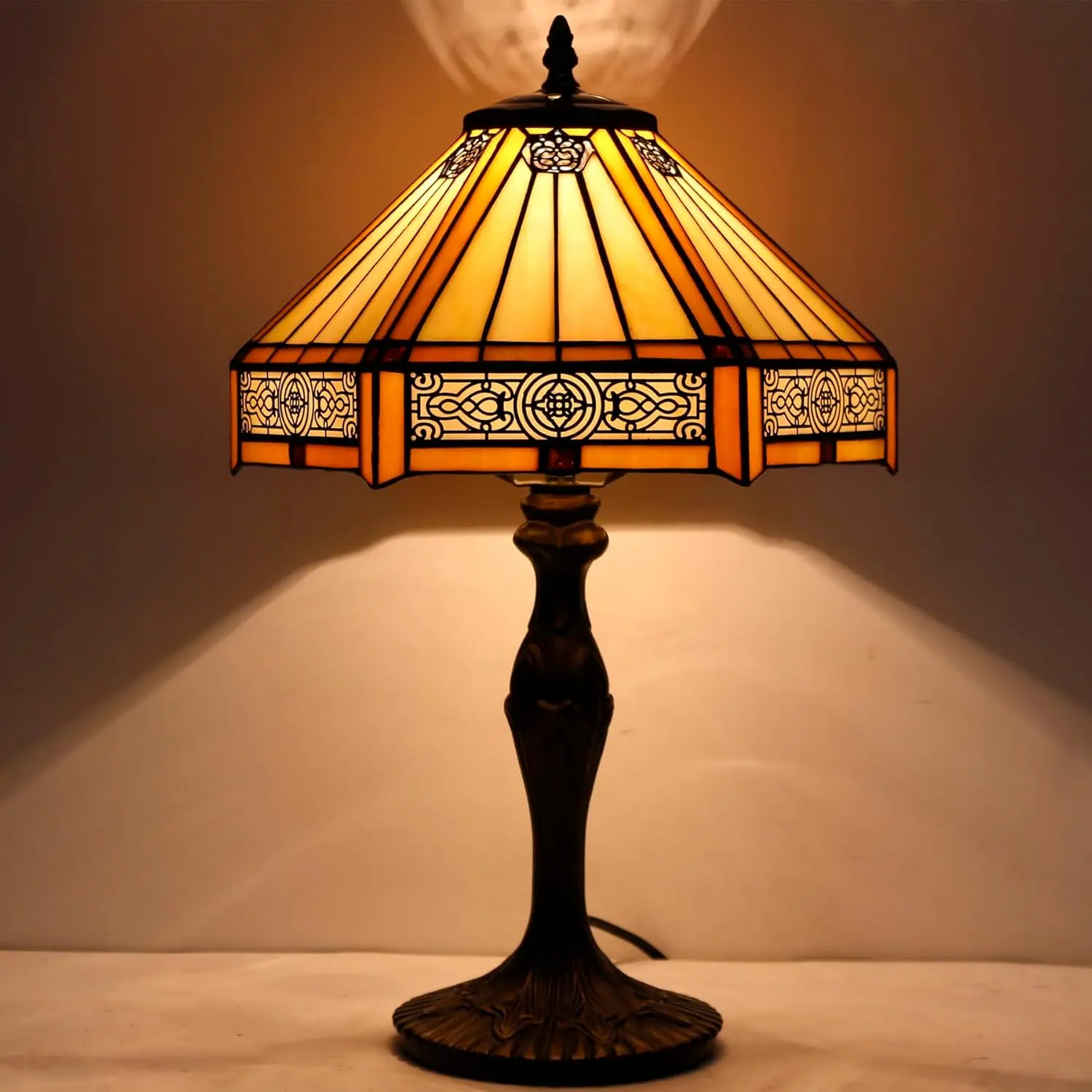 Lámpara de mesa de vitral hexagonal amarillo Tiffany, 12x10x18, estilo misión, luz de noche para escritorio, dormitorio, sala de estar, hogar