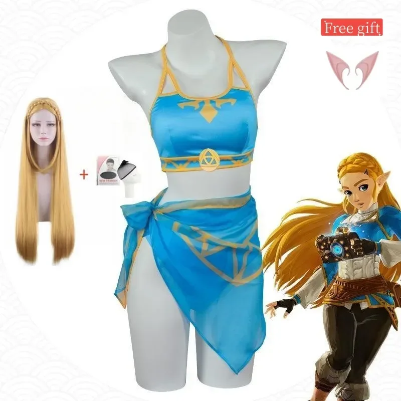 Summer Swimwear Zelda Sexy Swimsuit Cosplay Zelda Ears Golden Straight Wig Soft Blue Bikini Set COSPLAY Princess Zelda Swimsuit