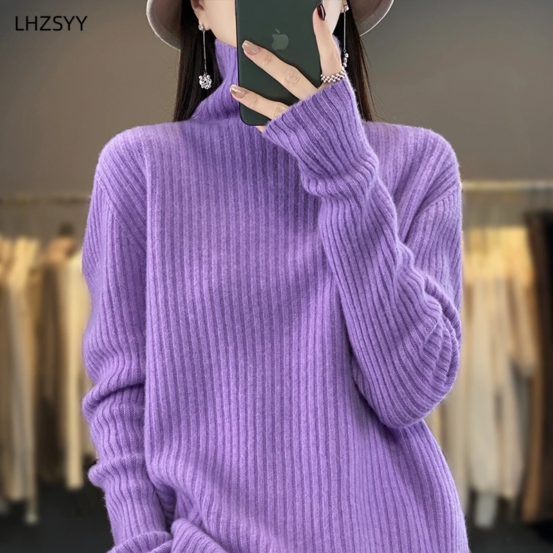 LHZSYY Autumn Winter New 100% Pure Wool Sweaters Women\'s Turtleneck Knit Base Shirt Loose All-match Warm Tops Cashmere Pullover