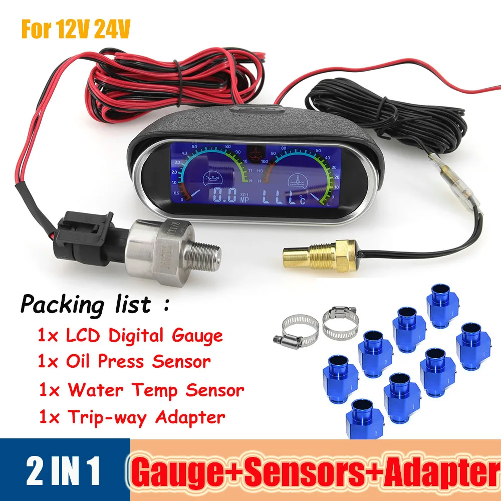 

2 in 1 Gauge Auto Car Temperature / Oil Pressure Meter For Cars 26mm-40mm Trip-way Adapter Radiator Temp Sensor NPT 1/8 12V 24V