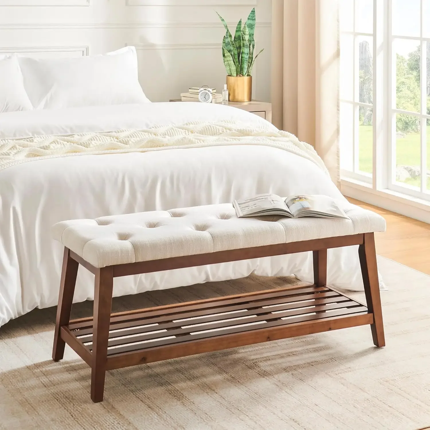 مقعد منجد لغرفة النوم نهاية السرير، مقعد مدخل 42.5 بوصة لغرفة المعيشة، مقعد طعام مع مقعد مبطن وخشب صلب #4