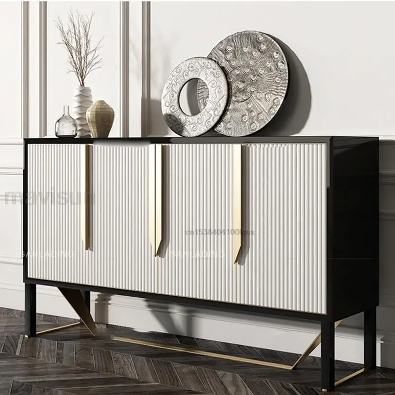 American Style Hallway Decoration Glossy Cabinet With 3 Doors Modern Sideboard Light Luxury Home Storage Sideboard Buffet White