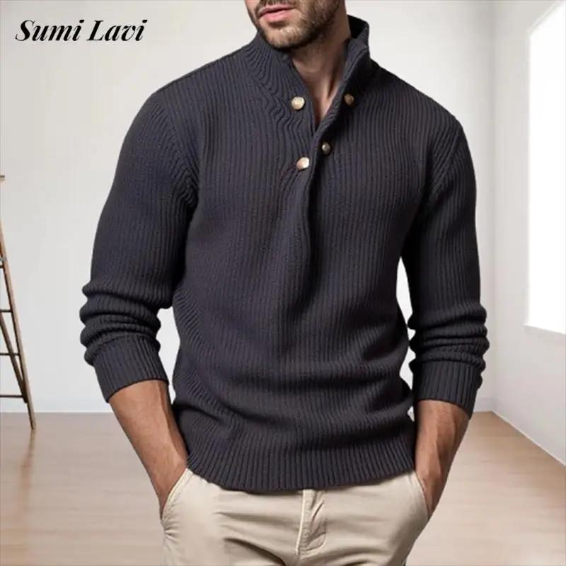

Autumn Winter Daily Casual Men's Sweaters Vintage Stand Collar Irregular Button-up Knitted Jumpers For Mens Fashion Knit Sweater