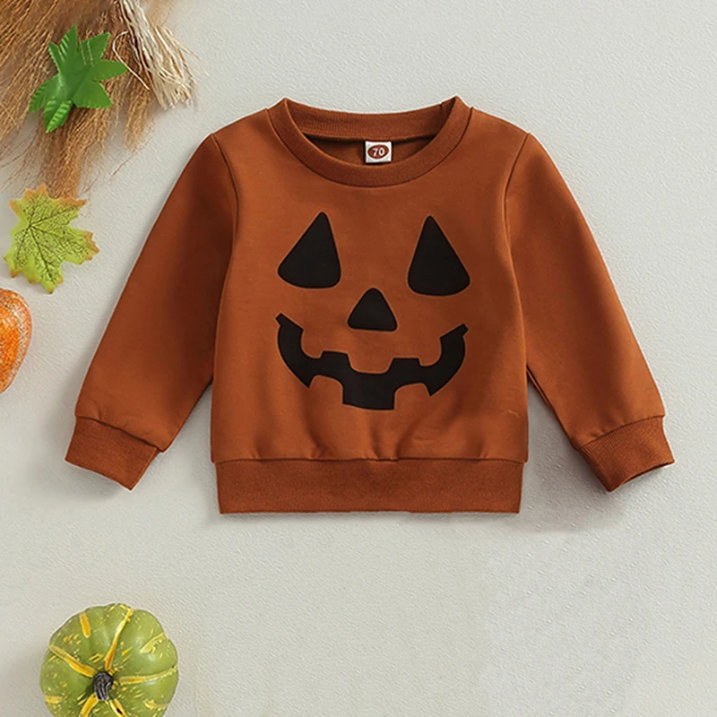 Toddler Halloween Sweatshirts Cute Ghost Print Crew Neck Long Sleeve Baby Boys Girls Pullovers Fall Tops Pumpkin Face Costume