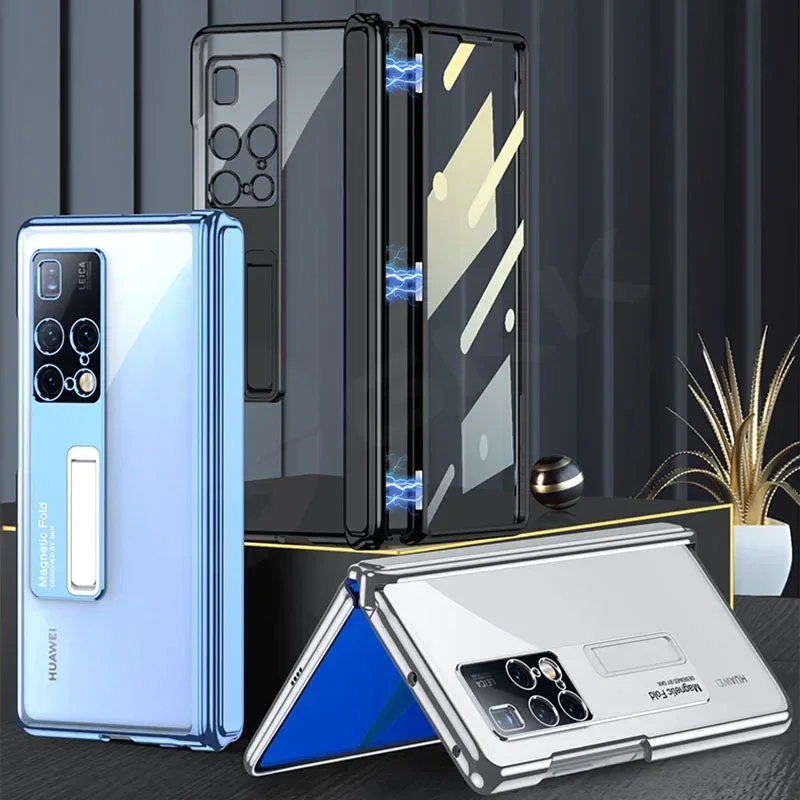 Luxury Plating Outer Screen Glass Case For Huawei Mate X2 Magnetic Hinge Shockproof Stand Clear Cover For Huawei Mate X2 Case