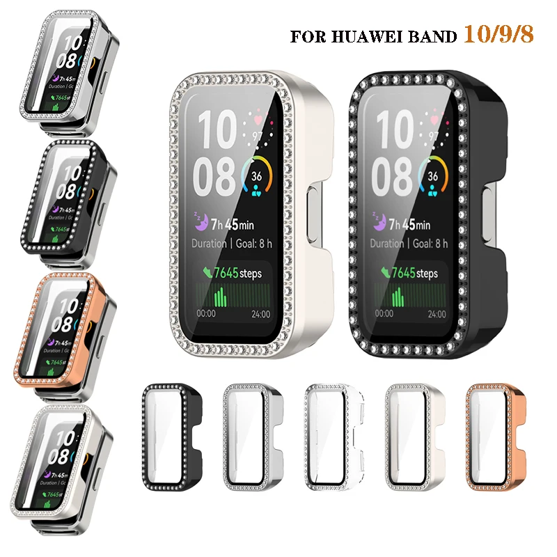 

Hard Case For Huawei band 8 9 10 Case Cover with Diamond Crystal Tempered Glass Screen Protector Full Protective