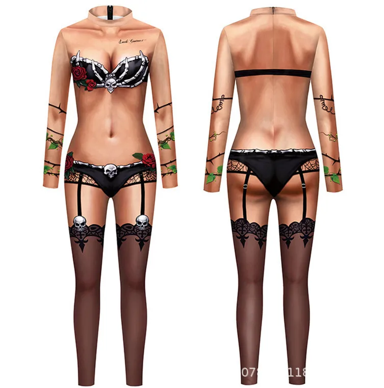 Halloween Sexy Damen Kostüm mit Digitaldruck, Karneval Bodysuit mit Reißverschluss, Party Cosplay Jumpsuit Outfit – Detail 8