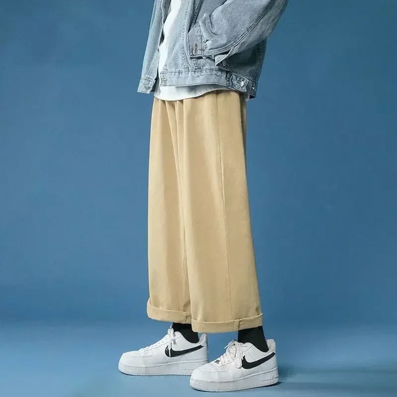 Casual Pant Men Cotton Baggy Wide Leg Pants Ankle Length Elastic Waist Loose Straight Trousers Men 2025 new