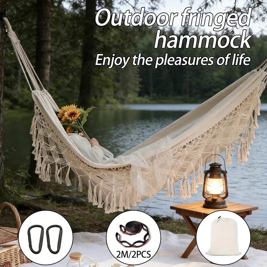 Hamaca individual de lujo estilo bohemio para exteriores, con bolsa de almacenamiento con correa y botones, adecuada para uso en patios exteriores.