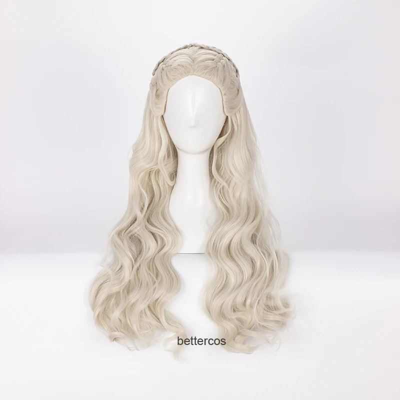 Peluca de Cosplay Daenerys Targaryen, peluca de pelo sintético largo ondulado de dragón de madre resistente al calor + gorro de peluca
