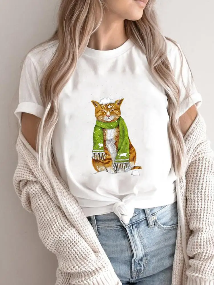 Cat Cute Lovely Winter 90s Women Holiday Clothing Merry Christmas Fashion 2025Shirt Print T Top Graphic Tee New Year T-shirts