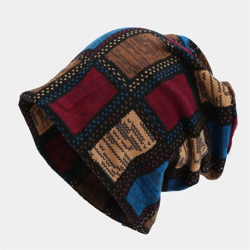 Four Seasons Cotton Geometric Print Thicken Knitted Hat Warm Skullies Cap Beanie Hat For Men and Women 209