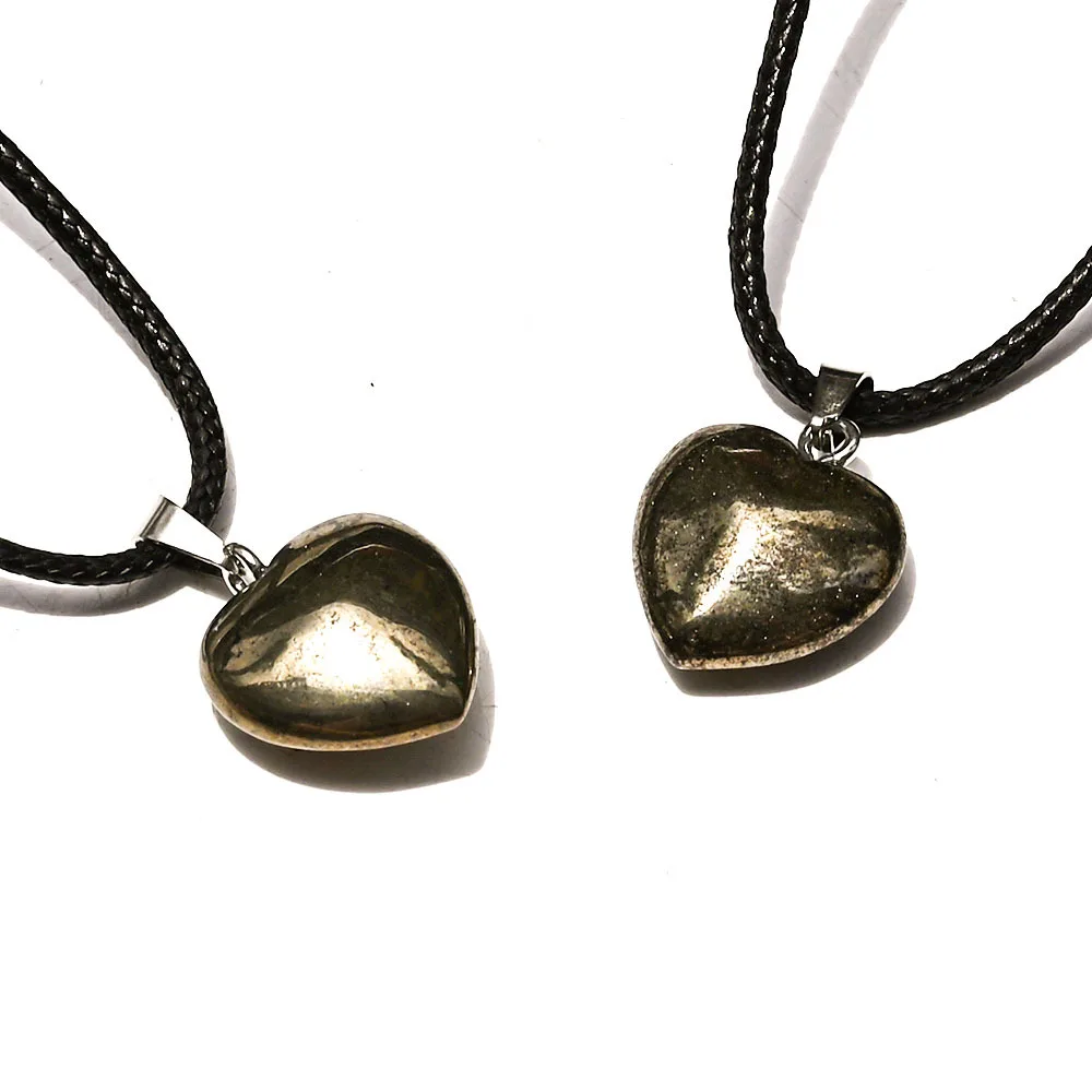 Heart Shape Natural Pyrite Stone Pendant Necklace Healing Good Luck Amulet Crystal Mini Charms Jewelry with String 20mm