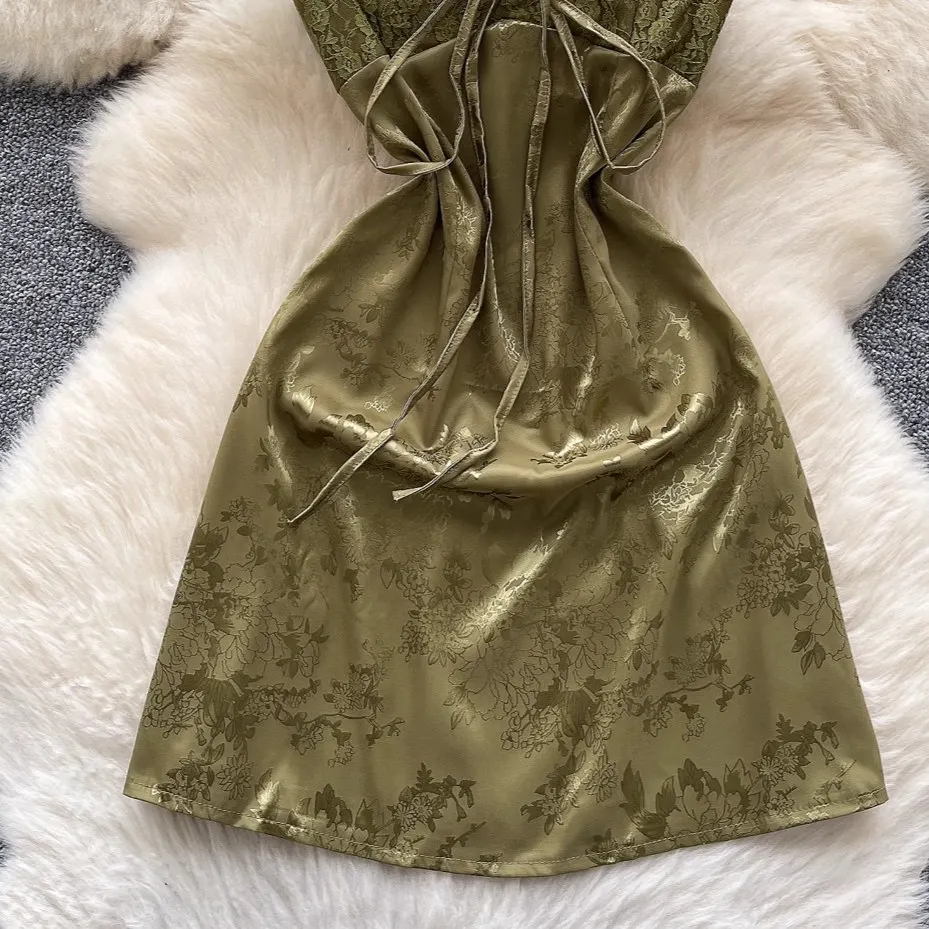 Foamlina-vestido Sexy Y2K con tirantes para niña, minivestido Halter de satén Jacquard con cintura de empalme de encaje francés para verano 2025