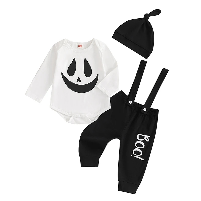 

Newborn Baby Boy Halloween Outfit Pumpkin Long Sleeve Romper Suspender Pants Overalls Hat 3Pcs Fall Outfit