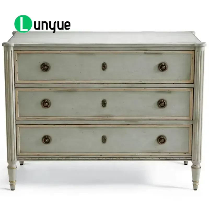 Antique 3 Drawer Chest of Dresser French Country Vintage Bedroom Storage Cabinet with Lock Rustic Wood Furniture for Home
