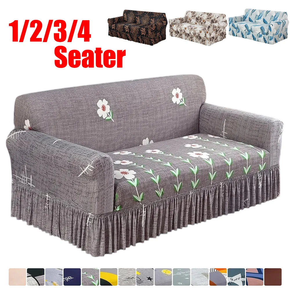 

1/2/3/4 Seater Printed Armchair Couch Cover Skirt Full Coverage Elastic Sofa Cover for Living Room Bedroom Multiple Color Hogar